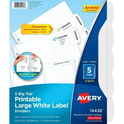 Dividers|Avery Big Tab Printable Paper Dividers with Large White Labels, 5 Tabs, White, 4 Sets/Pack (14438)