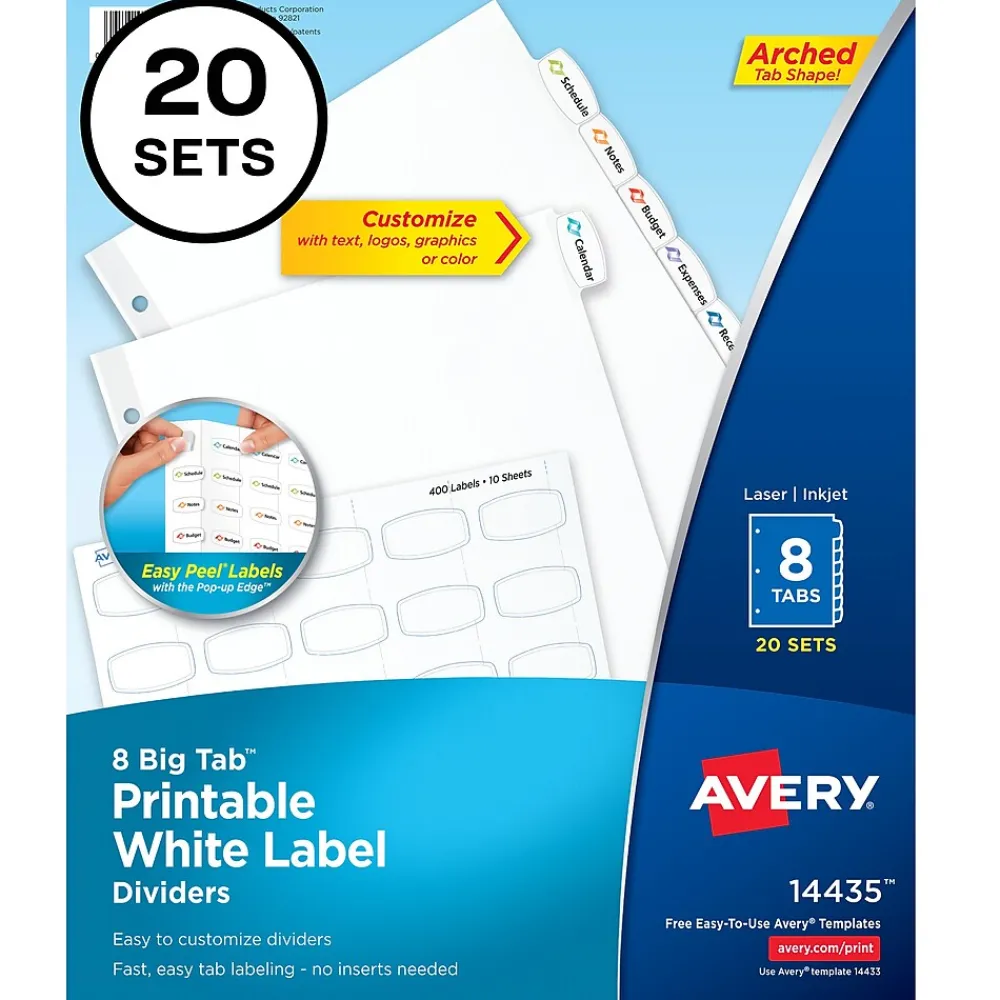 Dividers|Avery Big Tab Printable Paper Dividers with White Labels, 8 Tabs, 20 Sets/Pack (11435)