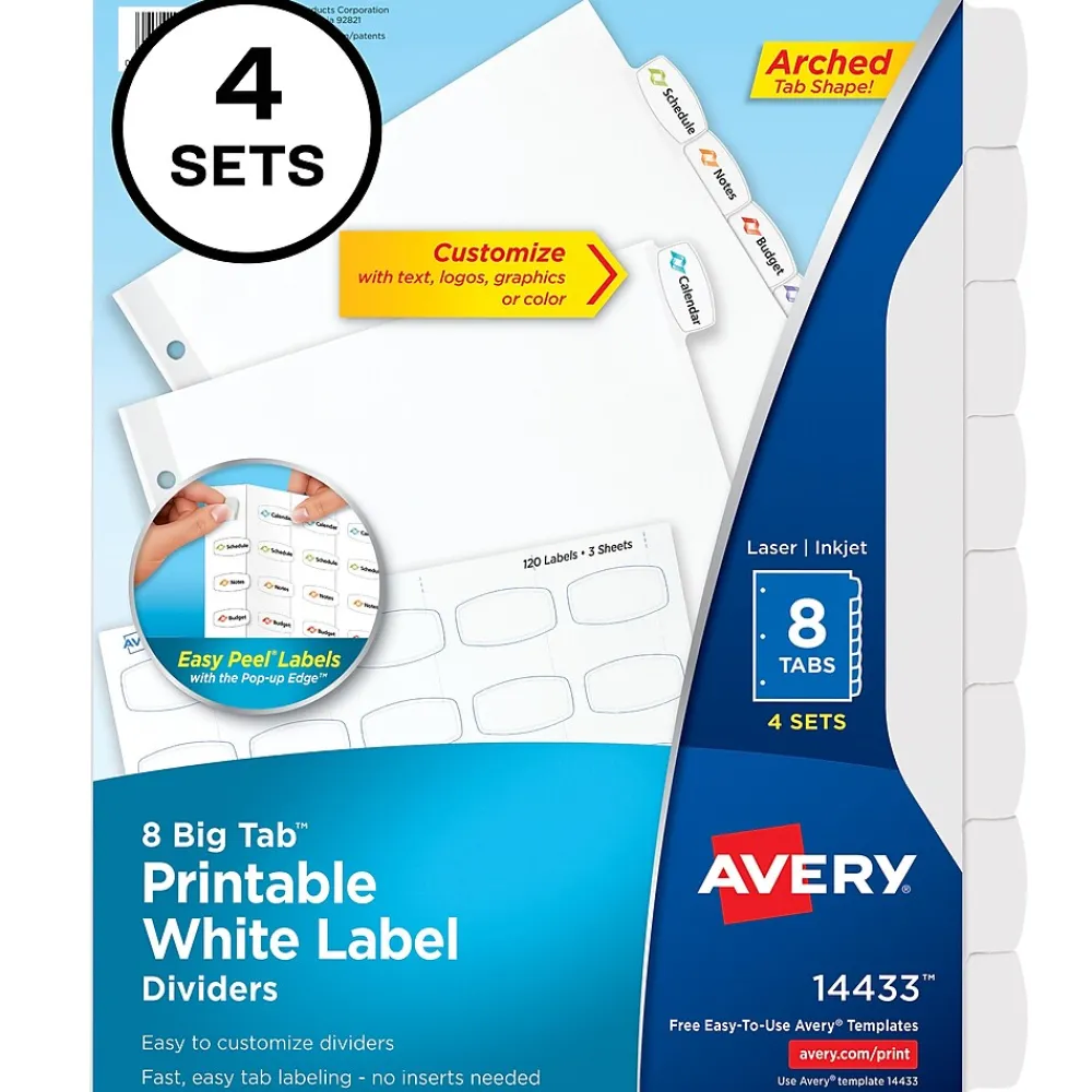 Dividers|Avery Big Tab Printable Paper Dividers with White Labels, 8 Tabs, 4 Sets/Pack (14433)