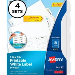 Dividers|Avery Big Tab Printable Paper Dividers with White Labels, 5 Tabs, 4 Sets/Pack (11432)
