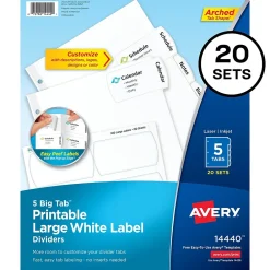 Dividers|Avery Big Tab Printable Paper Dividers with Large White Labels, 5 Tabs, White, 20 Sets/Pack (14440)