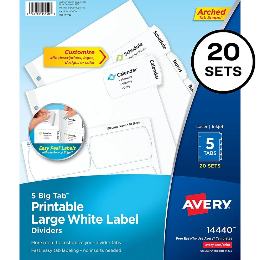 Dividers|Avery Big Tab Printable Paper Dividers with Large White Labels, 5 Tabs, White, 20 Sets/Pack (14440)