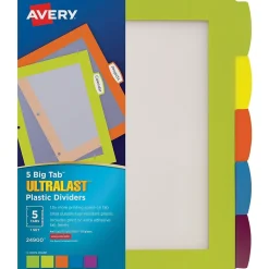 Dividers|Avery Big Tab Ultralast Plastic Dividers with White Tab Labels, 5 Tabs, Multicolor (24900)