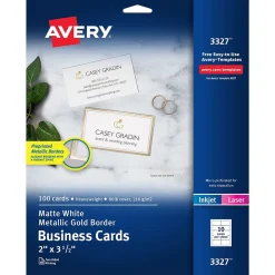 Business Cards*Avery Business Cards, 2" x 3 1/2", White/Gold, 10 Cards/Sheet, 10 Sheets/Pack, 100 Cards/Pack (3327)