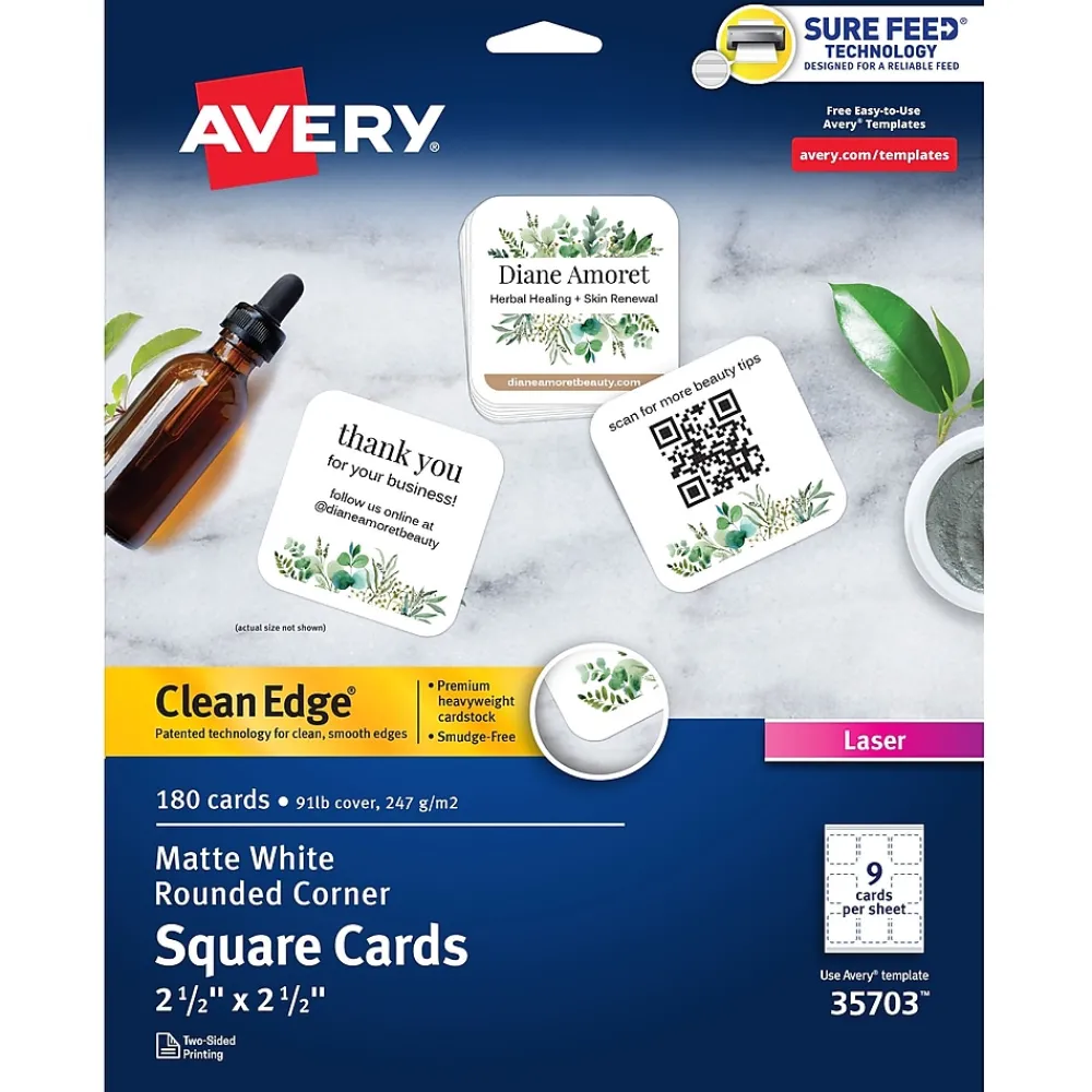 Business Cards*Avery Clean Edge Laser Square Cards with Rounded Corners, 2 1/2" x 2 1/2", White, 20 Sheets/Pack, 180 Cards/Pack (35703)