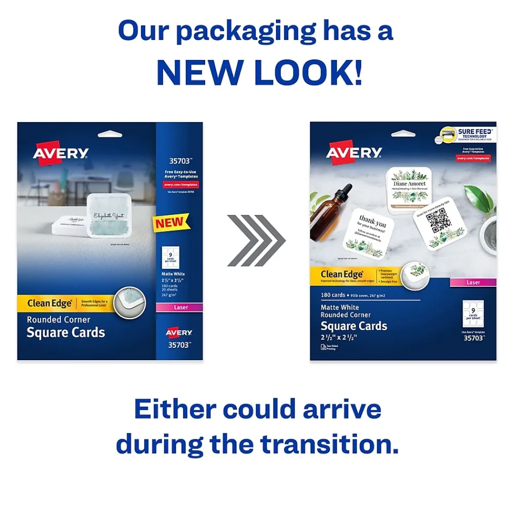 Business Cards*Avery Clean Edge Laser Square Cards with Rounded Corners, 2 1/2" x 2 1/2", White, 20 Sheets/Pack, 180 Cards/Pack (35703)