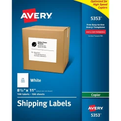 Online Avery Copier Shipping Labels, 8-1/2" x 11", White, 100 Labels/Box (5353)