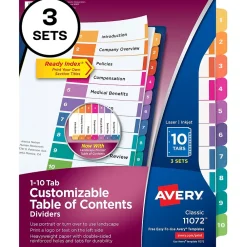 Dividers|Avery Customizable Table Of Contents Ready Index Pre-Printed Paper Divider, 10-Tab, White, 3/Pack (11072)