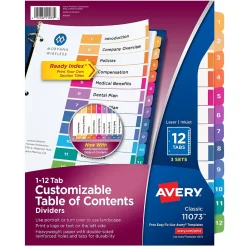 Dividers|Avery Customizable Table of Contents Dividers, 12-Tab, Multicolor, 3 Sets/Pack (11073)