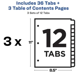 Dividers|Avery Customizable Table of Contents Dividers, 12-Tab, Multicolor, 3 Sets/Pack (11073)