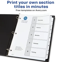 Dividers|Avery Customizable Table of Contents Dividers, Ready Index Printable Section Titles, Preprinted 1-5 White Tabs, 3 Sets (11075)