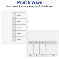 Dividers|Avery Customizable Table of Contents Dividers, Ready Index Printable Section Titles, Preprinted 1-5 White Tabs, 3 Sets (11075)