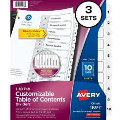Dividers|Avery Customizable Table of Contents Divider, 10-Tab, White, 3/Pack (11077)