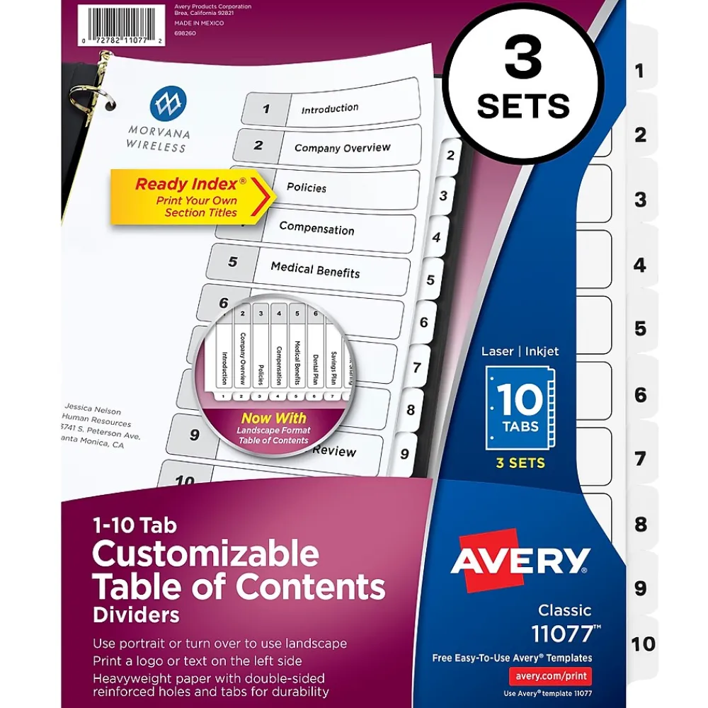 Dividers|Avery Customizable Table of Contents Divider, 10-Tab, White, 3/Pack (11077)