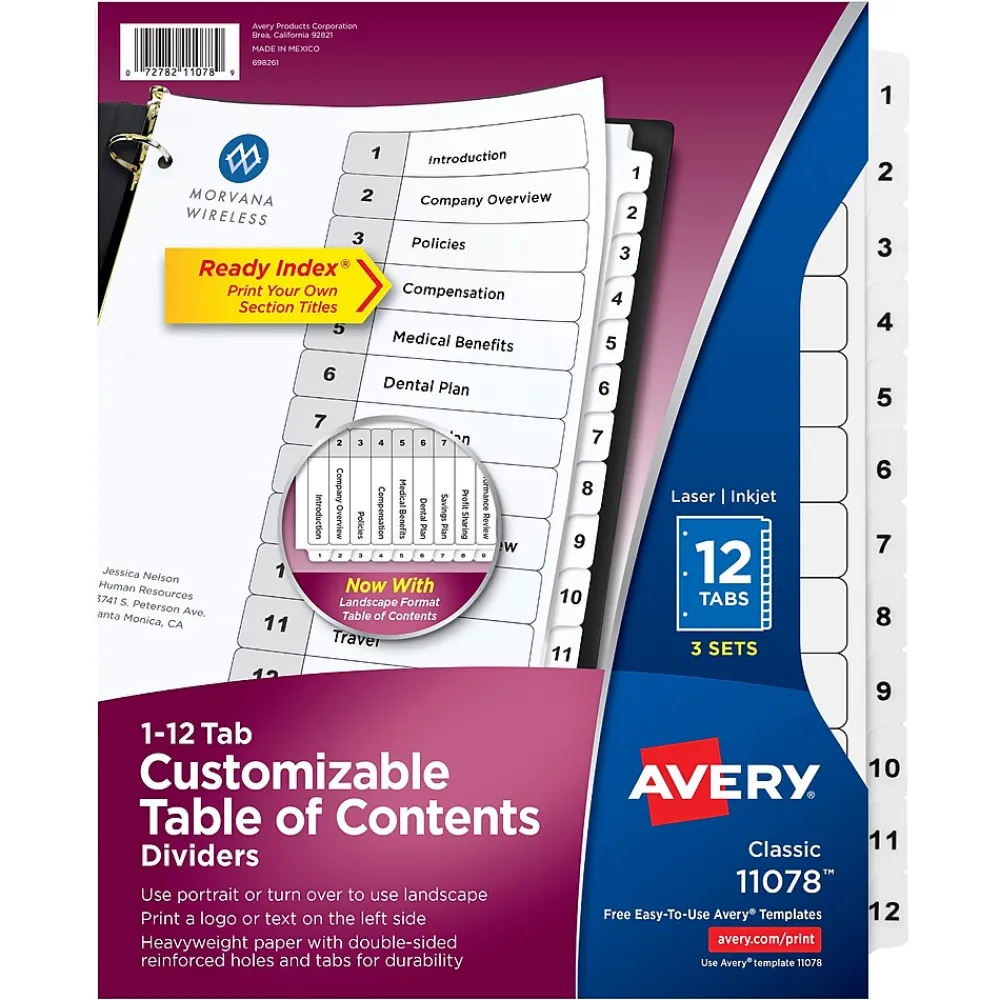 Dividers|Avery Customizable Table of Contents Dividers, 12-Tabs, White, 3 Sets/Pack (11078)