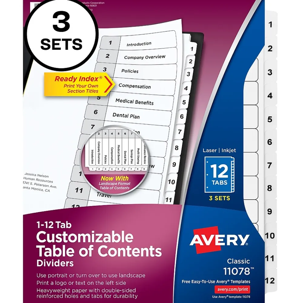 Dividers|Avery Customizable Table of Contents Dividers, 12-Tabs, White, 3 Sets/Pack (11078)