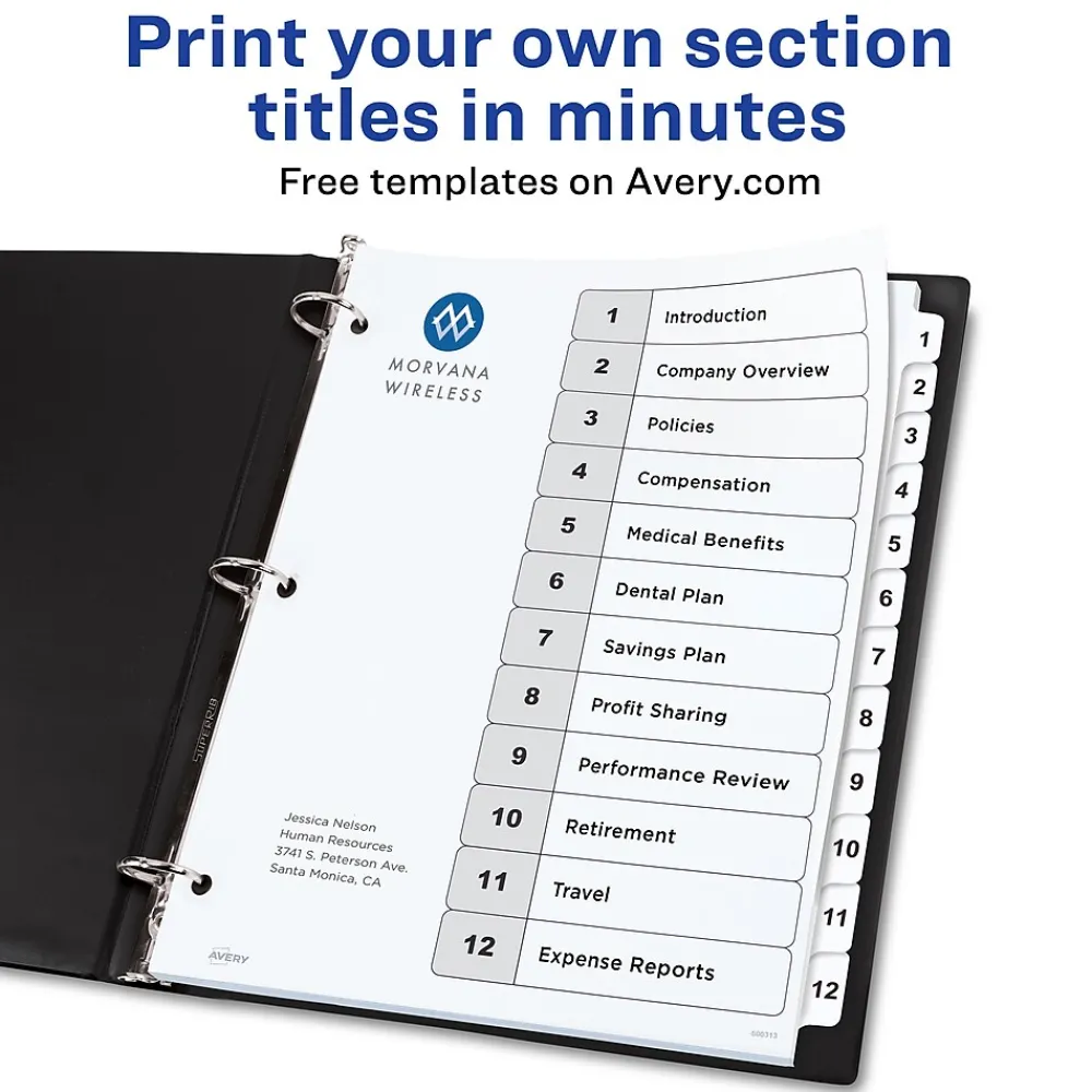 Dividers|Avery Customizable Table of Contents Dividers, 12-Tabs, White, 3 Sets/Pack (11078)