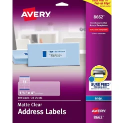 Sale Avery Easy Peel Inkjet Address Labels, 1-1/3" x 4", Clear, 350 Labels/Pack (8662)