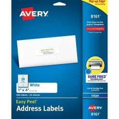 New Avery Easy Peel Inkjet Address Labels, 1" x 4", White, 500 Labels/Pack (8161)
