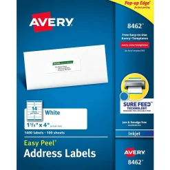 Labels|Avery Easy Peel Inkjet Address Labels, 1-1/3" x 4", White, 1,400 Labels/Box (8462)