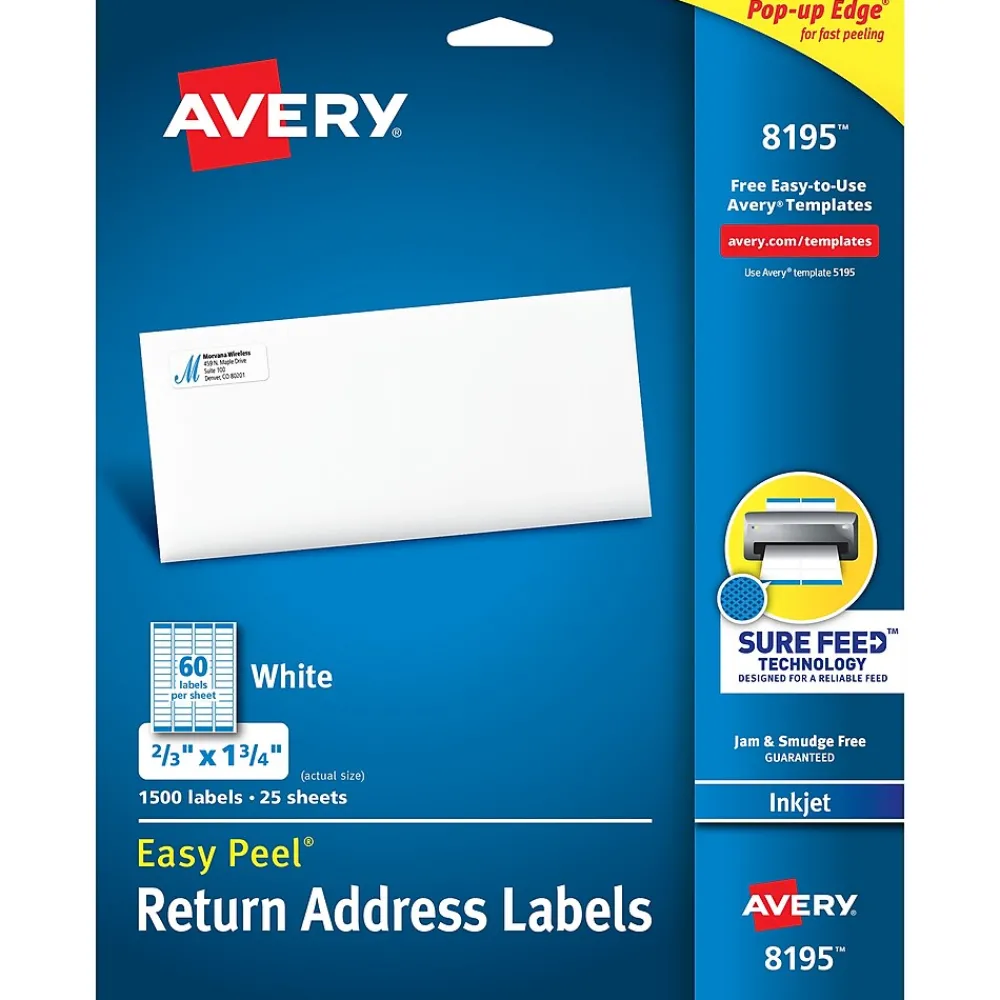 Labels|Avery Easy Peel Inkjet Return Address Labels, 2/3" x 1-3/4", White, 1,500 Labels/Pack (18695)