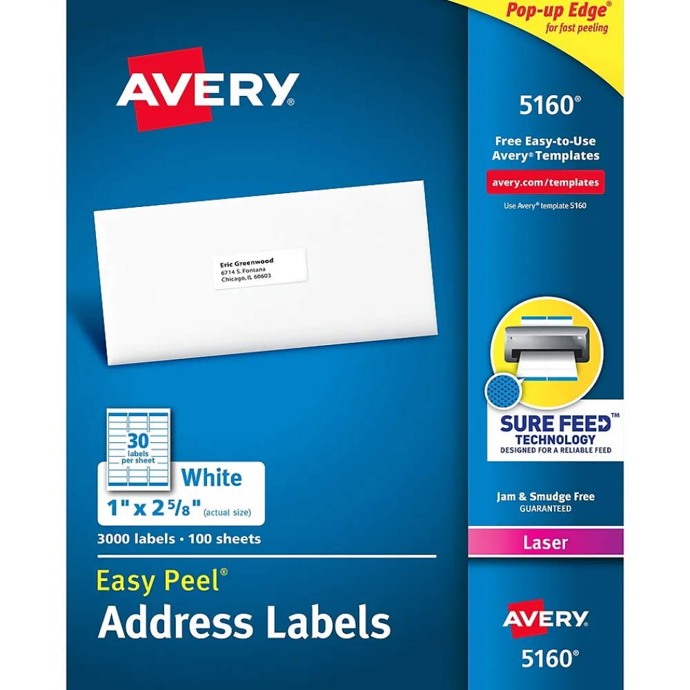 Outlet Avery Easy Peel Laser Address Labels, 1" x 2-5/8", White, 3,000 Labels/Box (5160)