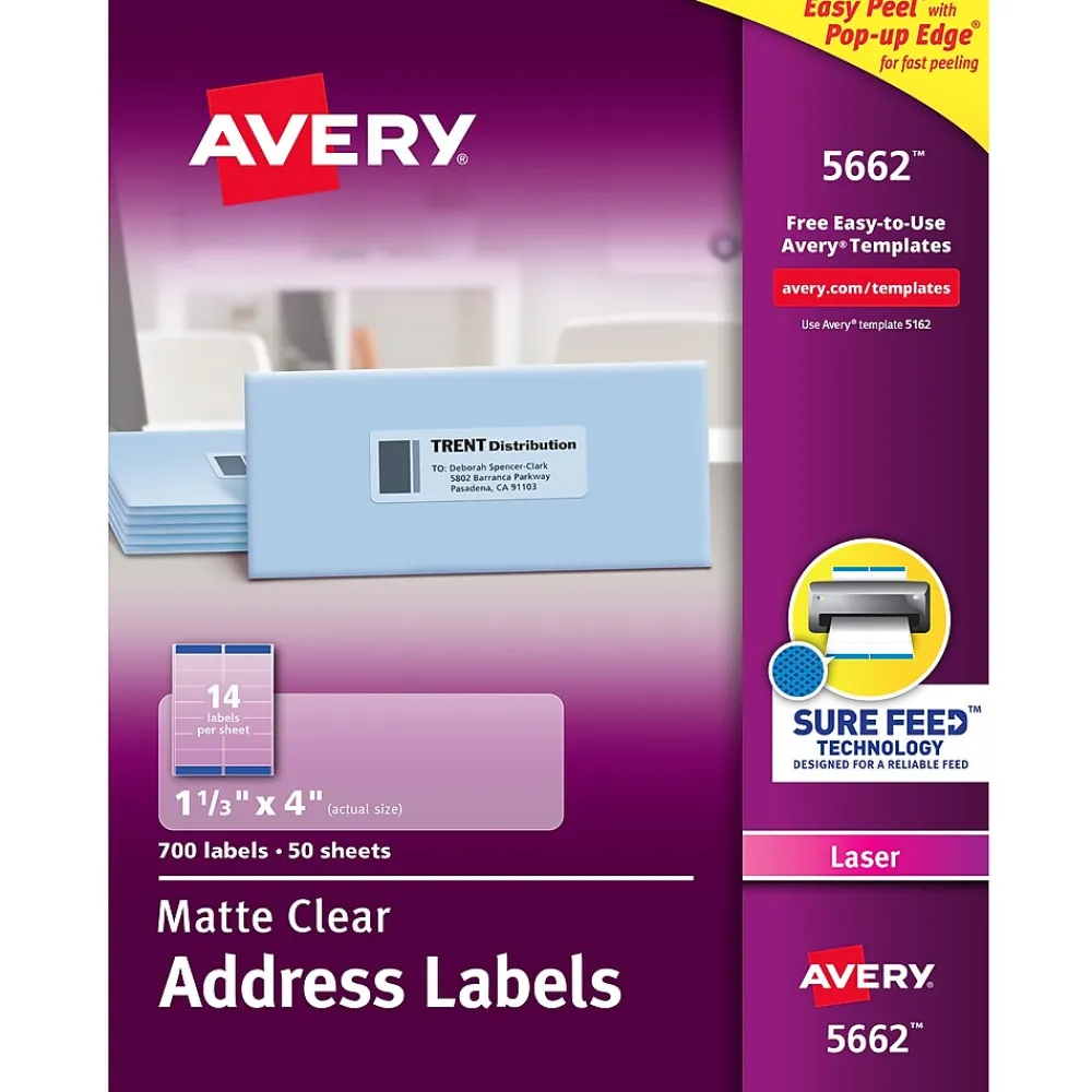 Hot Avery Easy Peel Laser Address Labels, 1-1/3" x 4", Clear, 700 Labels/Box (5662)