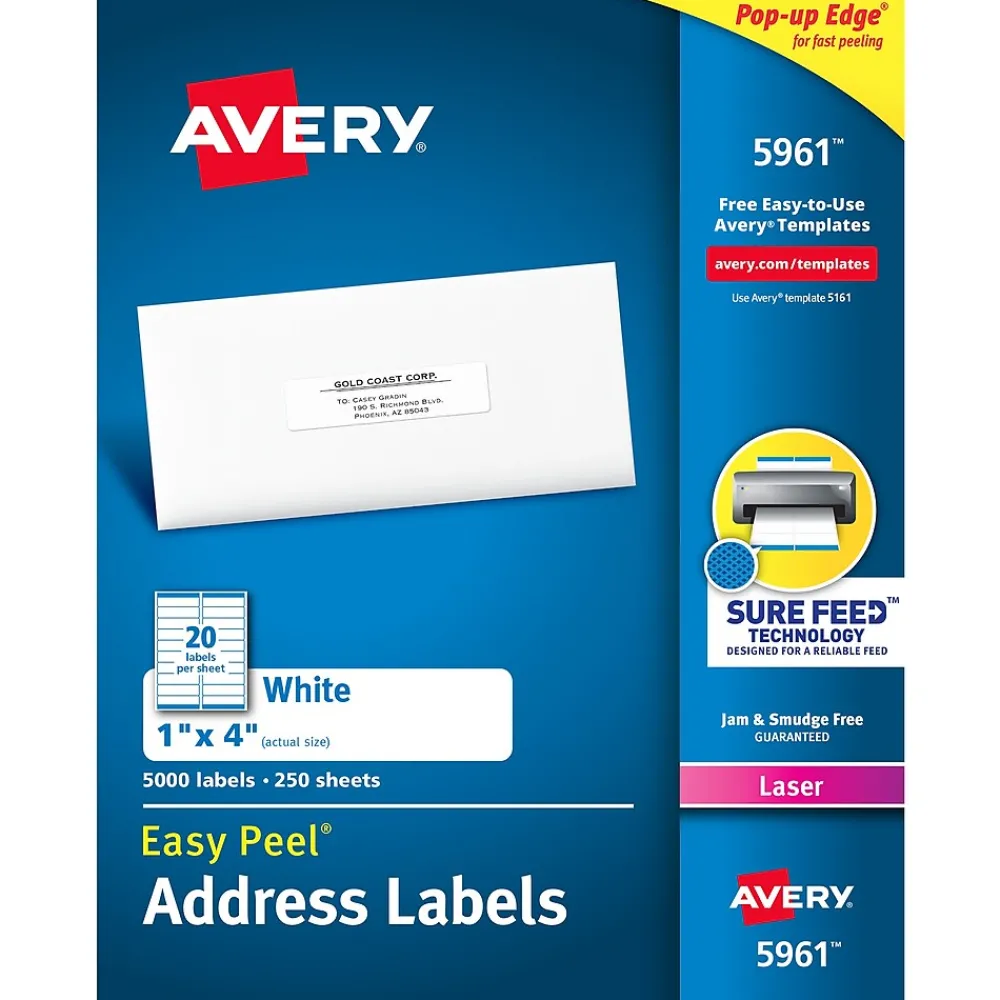 Hot Avery Easy Peel Laser Address Labels, 1" x 4", White, 5,000 Labels/Box (5961)