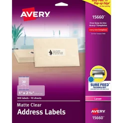 Discount Avery Easy Peel Laser Address Labels, 1" x 2-5/8", Clear, 300 Labels/Pack (15660)