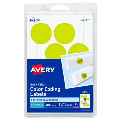 Labels|Avery Easy Peel Laser Color Coding Labels, 1 1/4" Dia, Neon Yellow, 8 Labels/Sheet, 50 Sheets/Pack (5499)