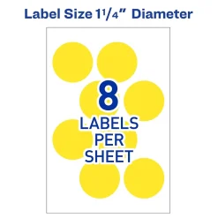 Labels|Avery Easy Peel Laser Color Coding Labels, 1 1/4" Dia, Neon Yellow, 8 Labels/Sheet, 50 Sheets/Pack (5499)