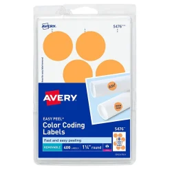 Labels|Avery Easy Peel Laser Color Coding Labels, 1 1/4" Dia, Neon Orange, 8 Labels/Sheet, 50 Sheets/Pack (5476)