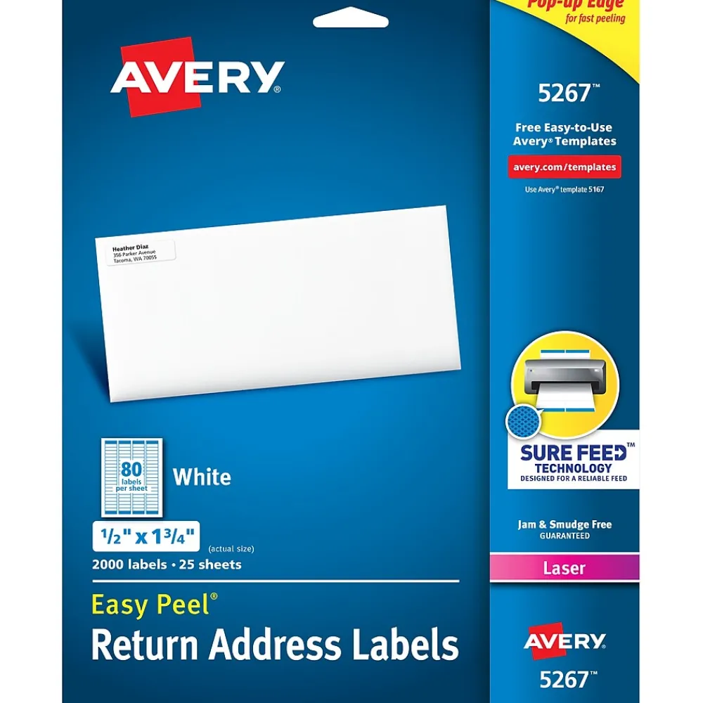 New Avery Easy Peel Laser Return Address Labels, 1/2" x 1-3/4", White, 2,000 Labels/Pack (5267)