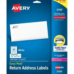 Outlet Avery Easy Peel Laser Return Address Labels, 2/3" x 1 3/4", White, 1,500 Labels/Pack (5195)