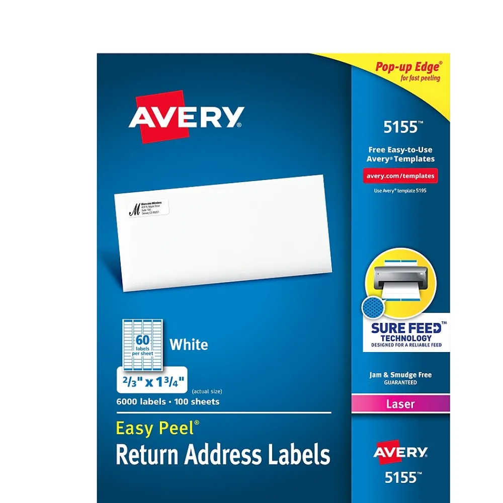 Avery Easy Peel Laser Return Address Labels, 2/3" x 1-3/4", Glossy White, 6,000 Labels/Pack (5155)