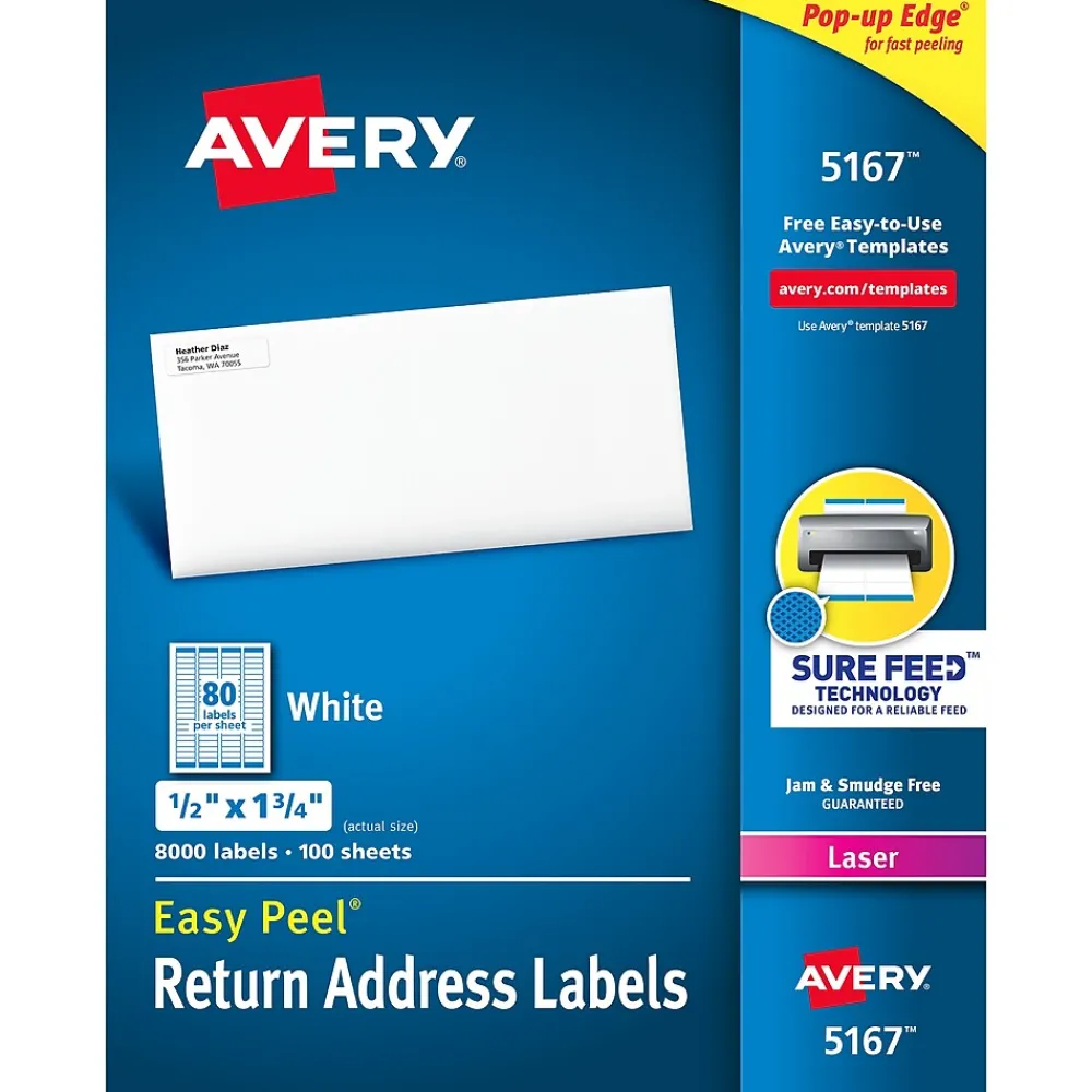 Discount Avery Easy Peel Laser Return Address Labels, 1/2" x 1-3/4", White, 8,000 Labels/Pack (5167)