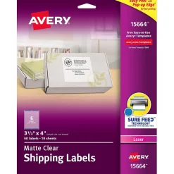 Outlet Avery Easy Peel Laser Shipping Labels, 3-1/3" x 4", Clear, 60 Labels/Pack (15664)