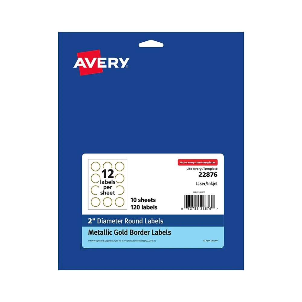 Labels|Avery Easy Peel Laser/Inkjet Round Labels, 2" Dia, White with Metallic Gold Borders, 120 Labels/Pack (22876)