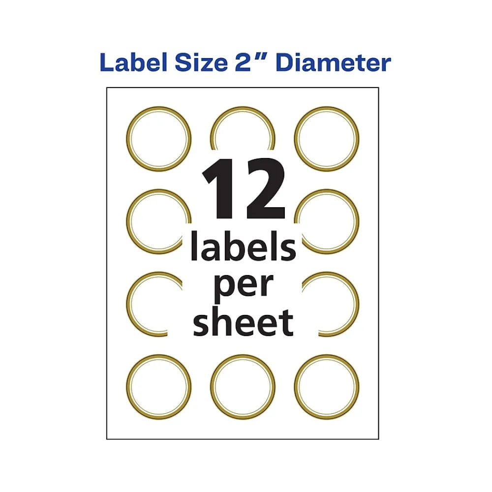 Labels|Avery Easy Peel Laser/Inkjet Round Labels, 2" Dia, White with Metallic Gold Borders, 120 Labels/Pack (22876)