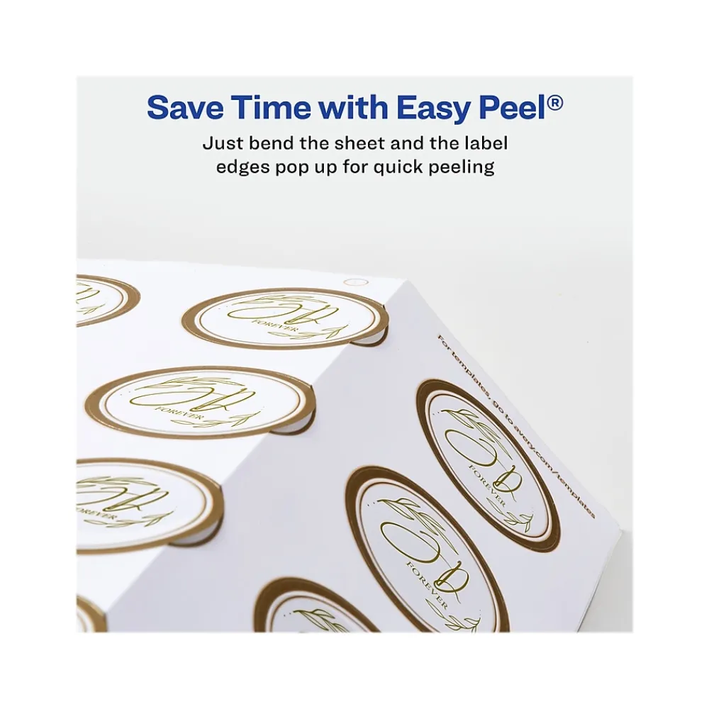 Labels|Avery Easy Peel Laser/Inkjet Round Labels, 2" Dia, White with Metallic Gold Borders, 120 Labels/Pack (22876)