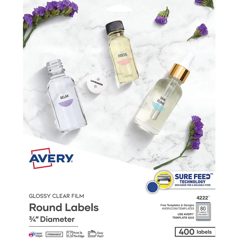 Labels|Avery Easy Peel Laser/Inkjet Round Labels, 3/4" Dia, Glossy Clear, 400 Labels/Pack (4222)