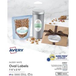 Labels|Avery Easy Peel Laser/Inkjet Oval Labels, 1 1/2" x 2 1/2", Glossy White, 180 Labels/Pack (22804)