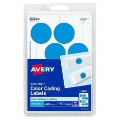 Labels|Avery Easy Peel Laser/Inkjet Color-Coding Labels, 1-1/4" Dia, Light Blue, 400 Labels/Pack (5496)