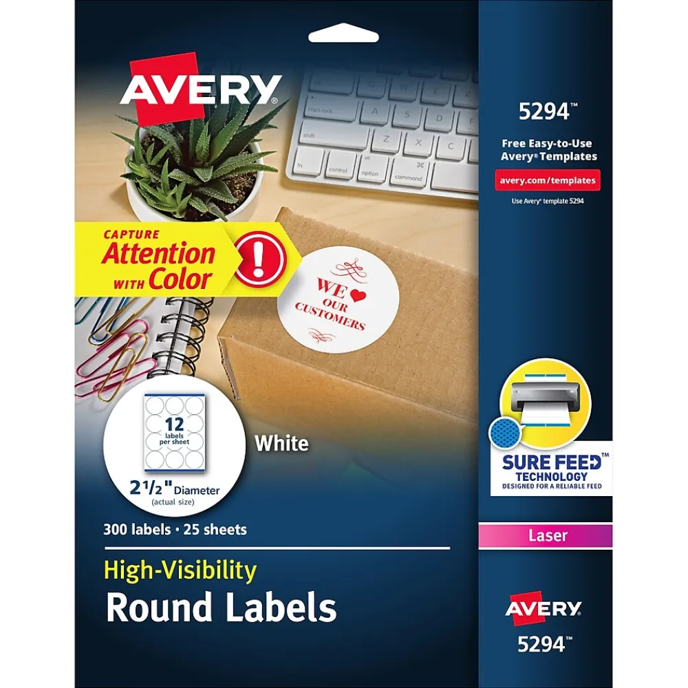 New Avery High Visibility Laser Shipping Labels, 2.5"Dia., White, 300/Pack (5294)