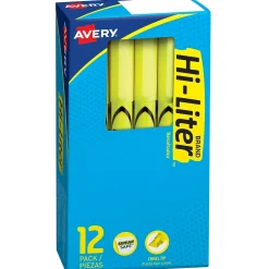 Highlighters|HI-LITER Avery Pen-Style Stick Highlighters, Chisel Tip, Yellow, Dozen (23591)