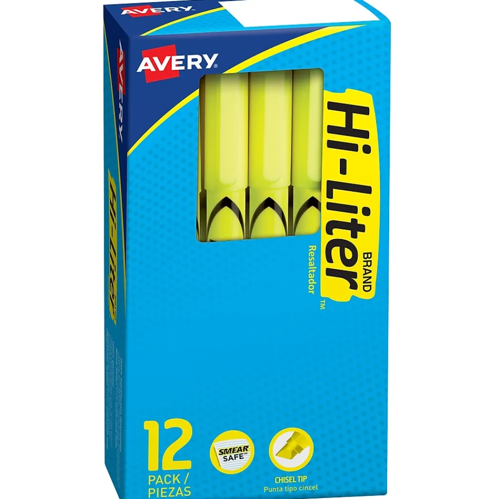 Highlighters|HI-LITER Avery Pen-Style Stick Highlighters, Chisel Tip, Yellow, Dozen (23591)
