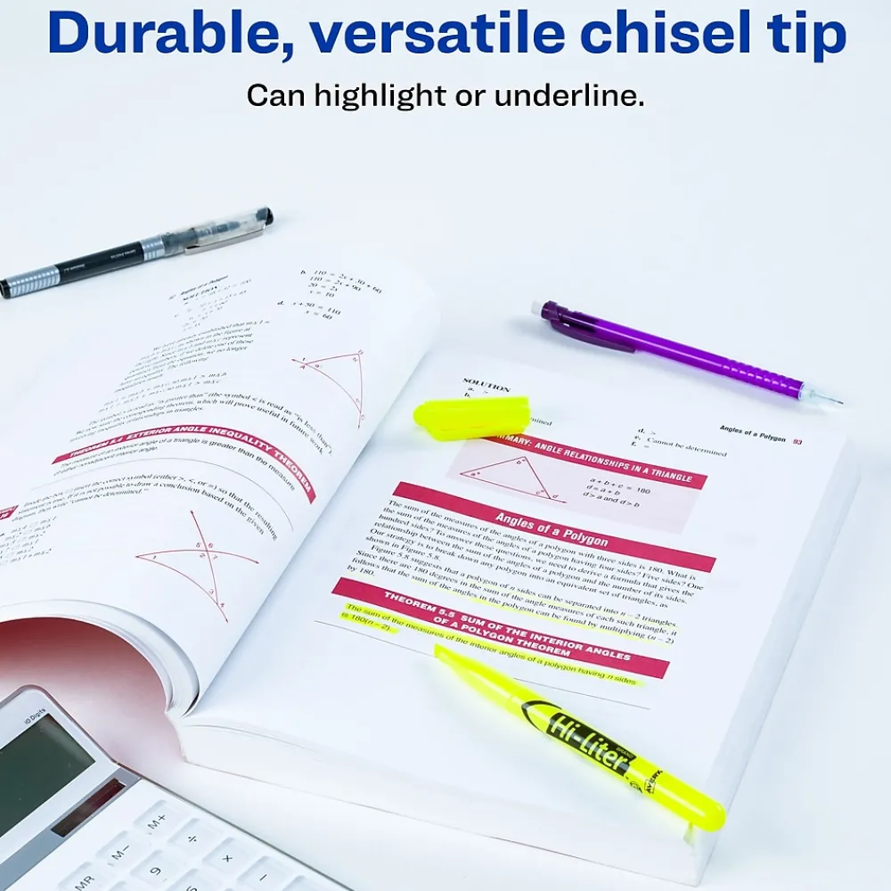 Highlighters|HI-LITER Avery Pen-Style Stick Highlighters, Chisel Tip, Yellow, Dozen (23591)