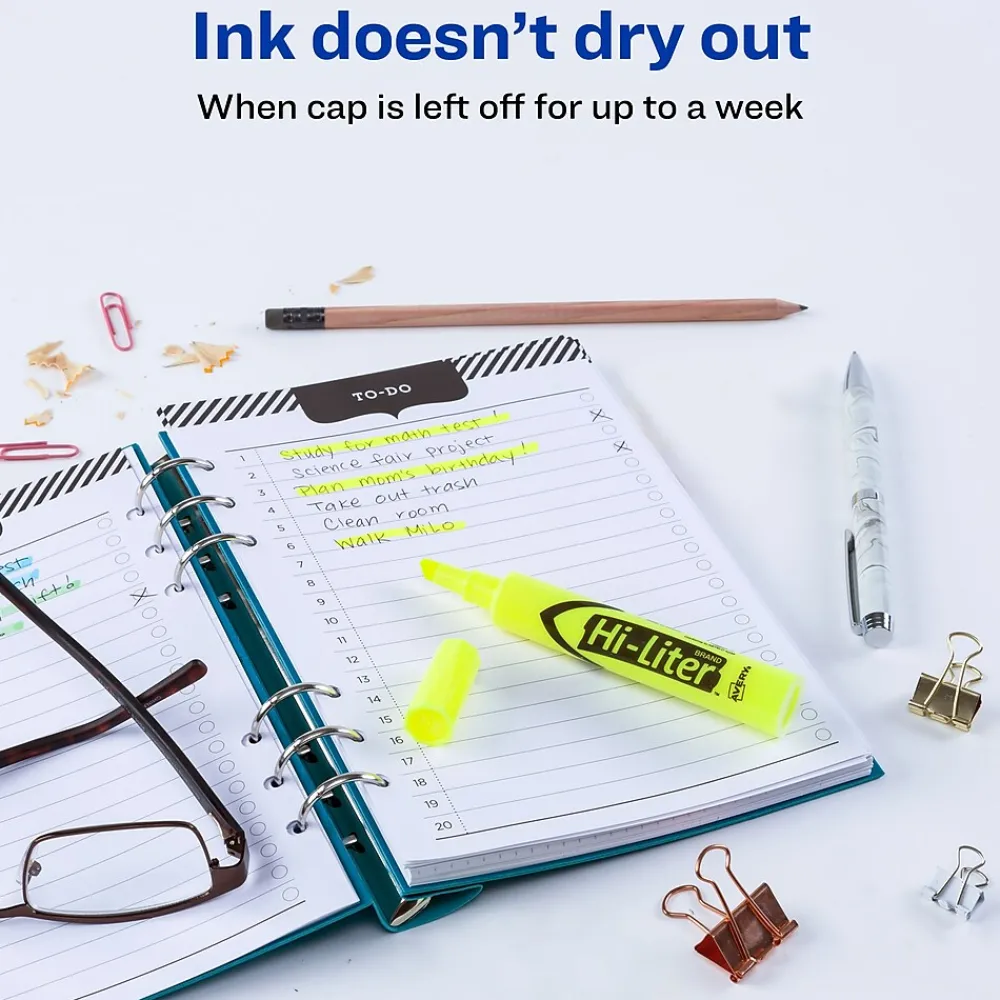 Highlighters|Avery Hi-Liter Tank Highlighters, Chisel, Yellow, Dozen (98035)