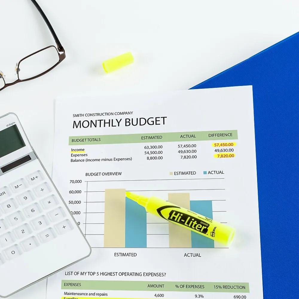 Highlighters|Avery Hi-Liter Tank Highlighters, Chisel, Yellow, Dozen (98035)