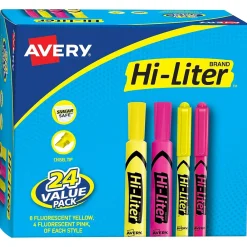 Highlighters|Avery Hi-Liter Tank Highlighter, Chisel Tip, Assorted, 24/Pack (29862)